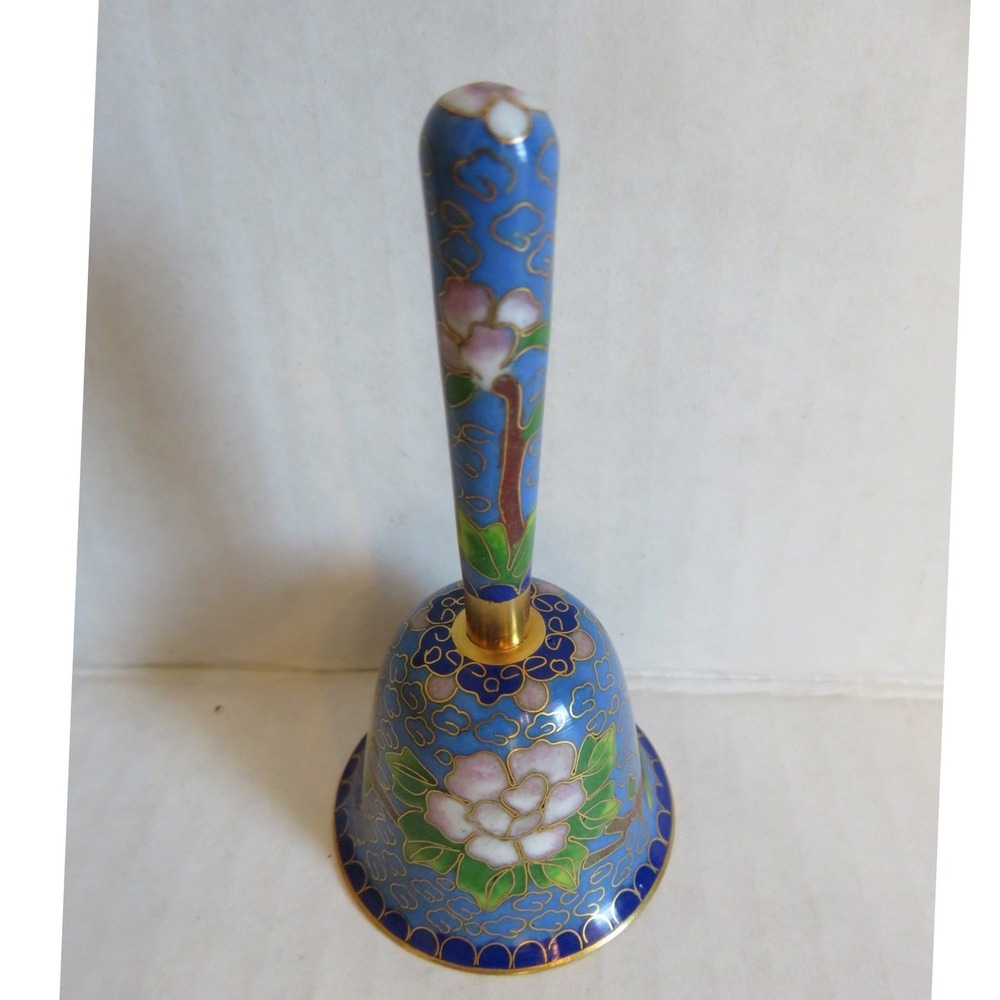 Vintage Cloisonne Enamel Hand Bell Blue Floral Butterfly Chinoiserie 3.5 Inch